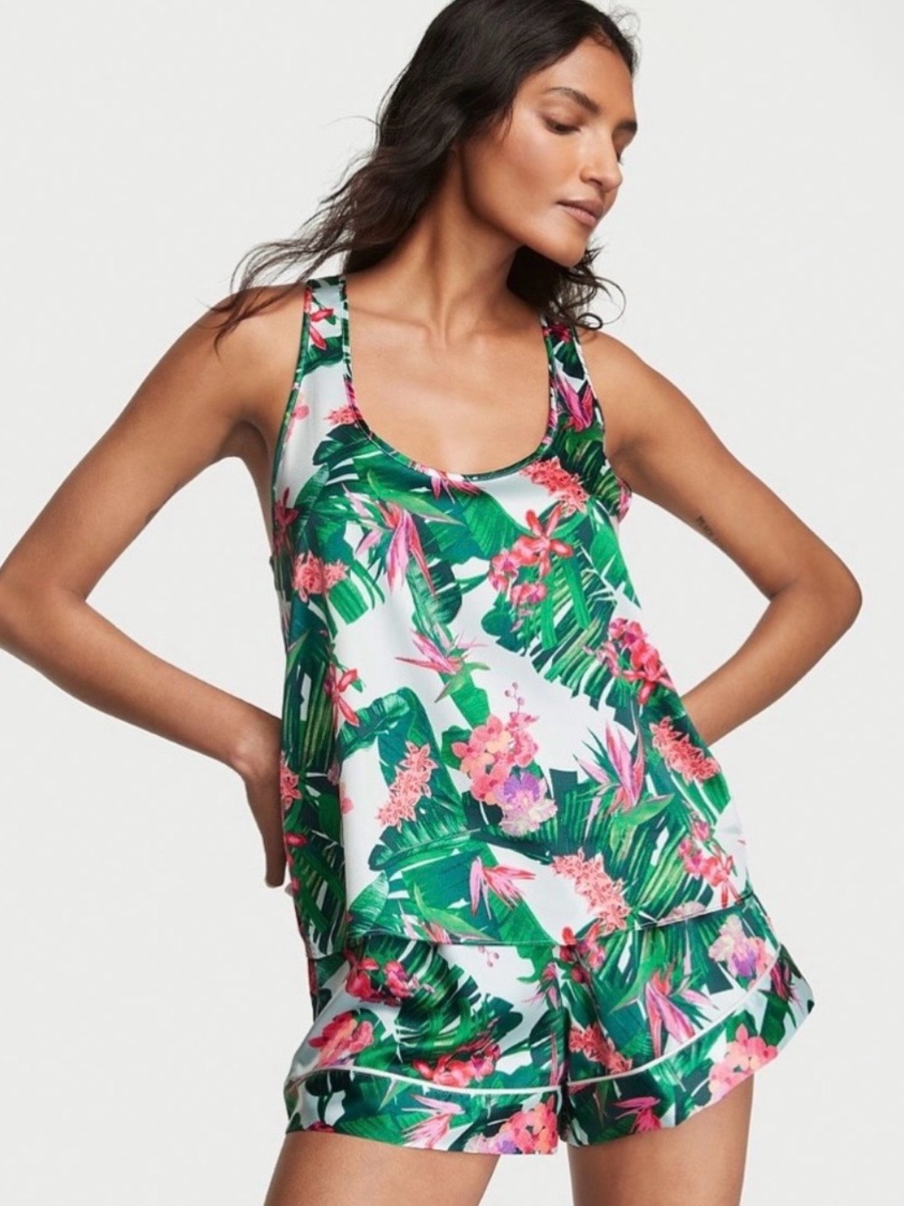 Victoria's Secret Satin Racerback Pajama Set Boxer Shorts Tropical Sz S Vacation